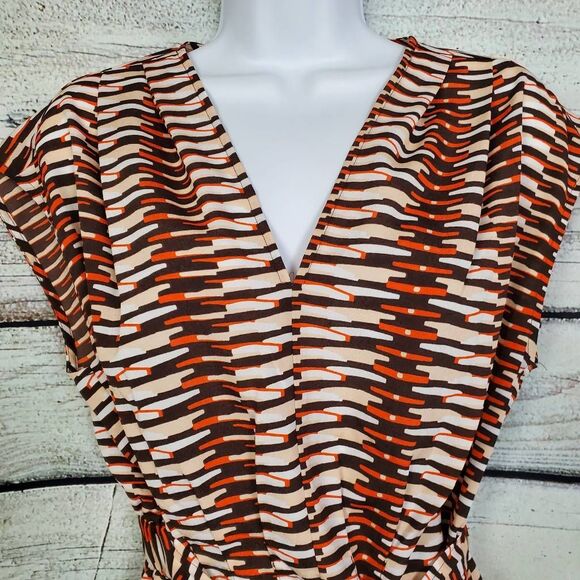 DKNY Brown Orange & Cream Geometric Print Tie Waist Top – Size S - Picture 2 of 8